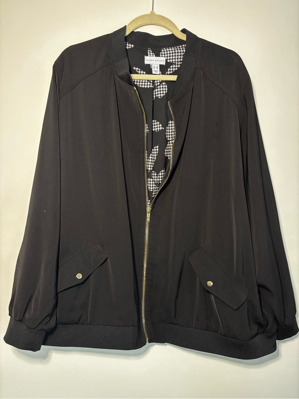 Susan Graver Black Bomber Jacket with Printed Lining